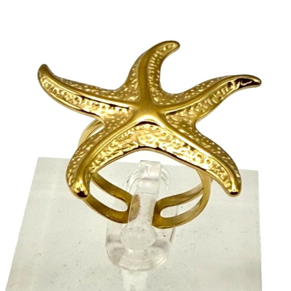 18K Gold Plated Starfish Ring Adjustable Stainless Steel Coastal Beach Luxe NEW
